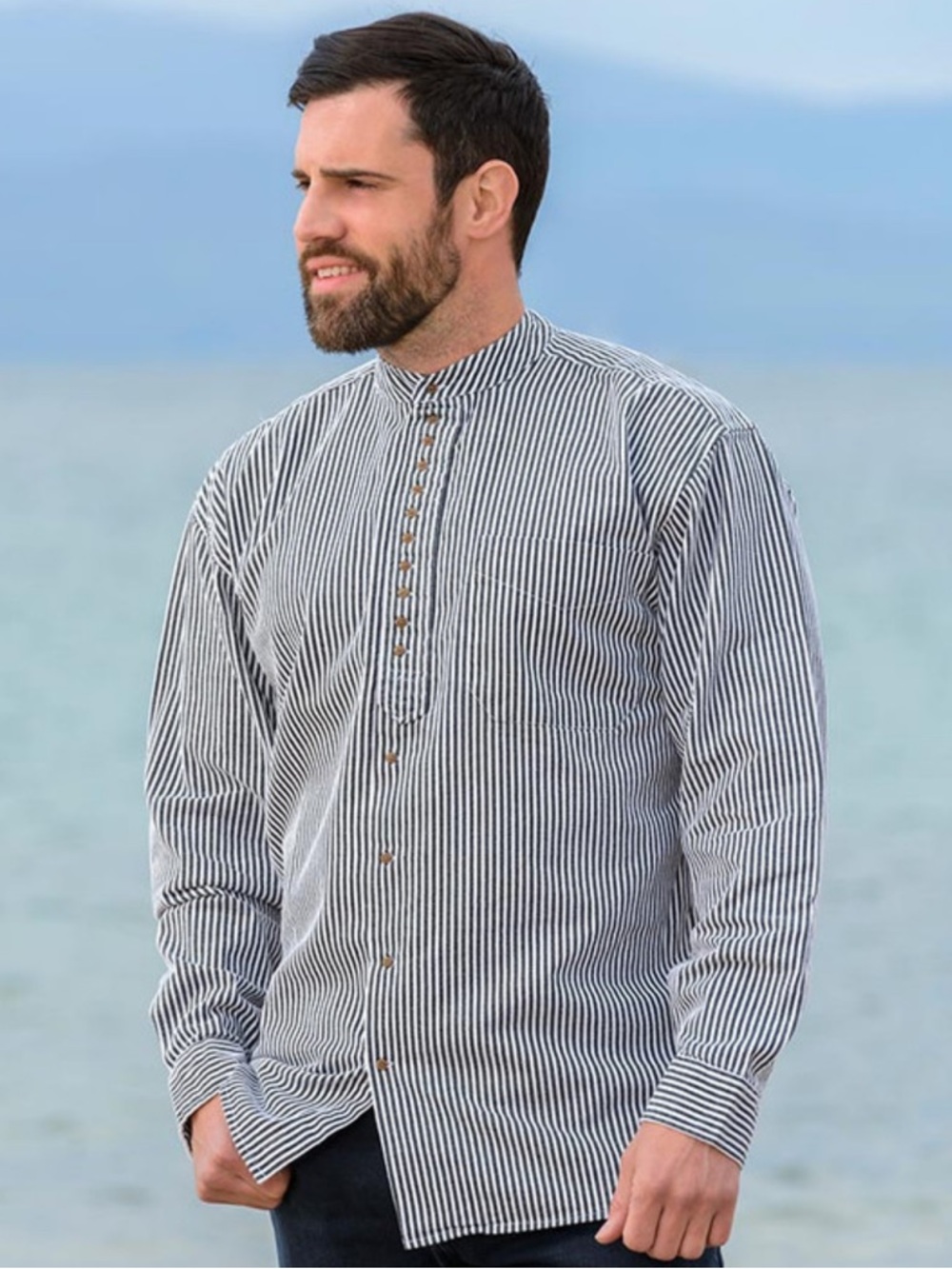 NEW Men's Aran Sweater Market Grandfather Blue Striped Shirt 3XL
